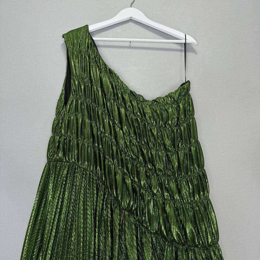 Akira Stay Radiant Metallic Maxi Womens 2X Green One Shoulder Pleated Gown Prom - Picture 7 of 14